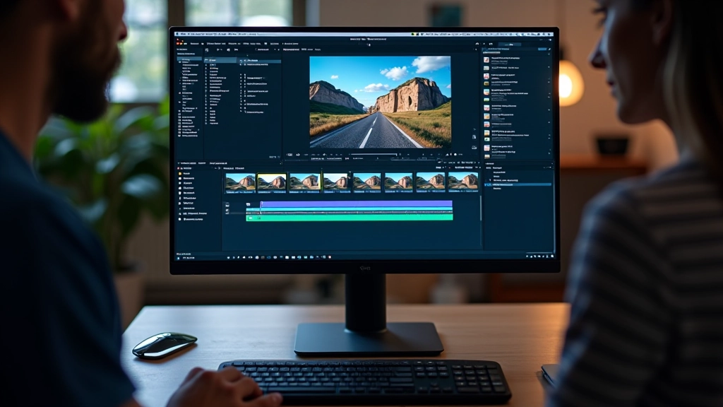 Schermo di computer con una timeline di editing video e clip animate colorate durante la post-produzione