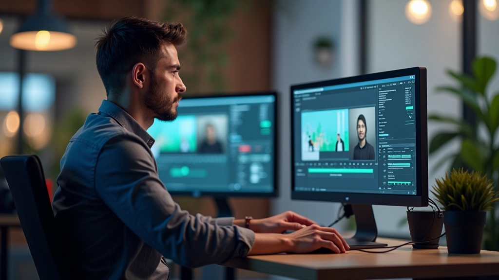 Scrivania di designer con monitor che mostra interfaccia di editing video con timeline colorata e clip animate