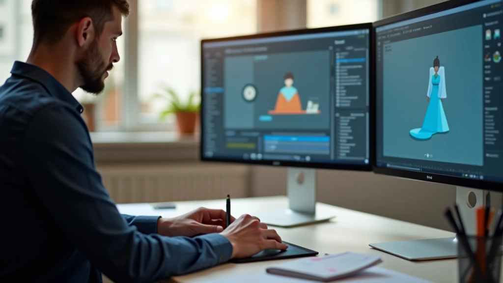 Designer che lavora su un'animazione con tablet e software di motion graphics in uno studio moderno