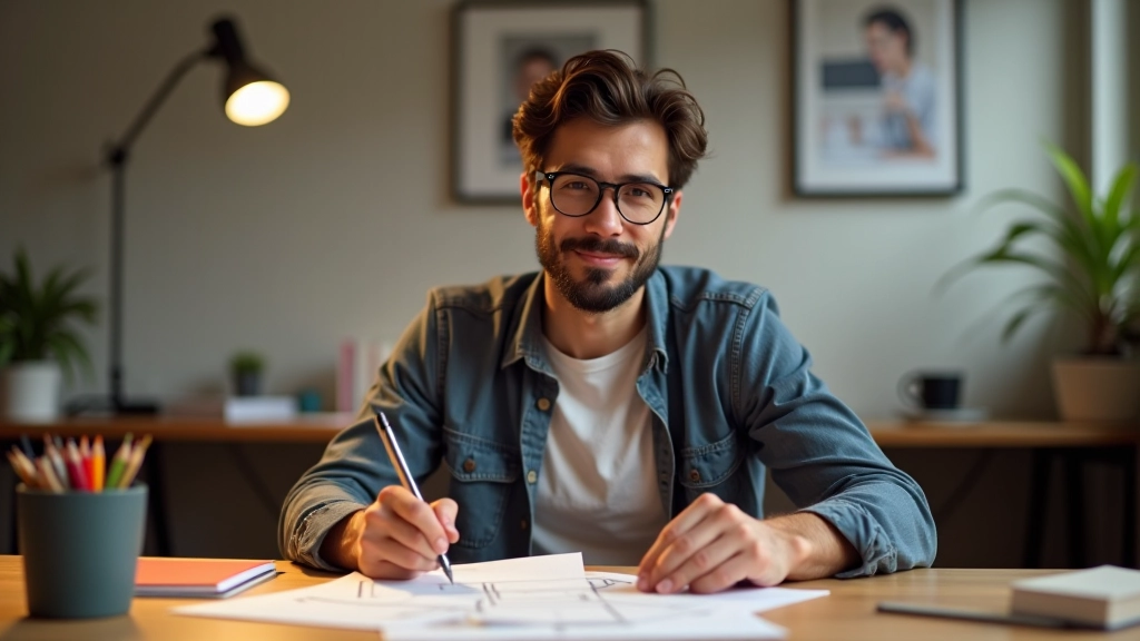 Persona che prende appunti su un taccuino con schizzi di storyboard per una sequenza animata, con colori e forme geometriche disegnate a mano