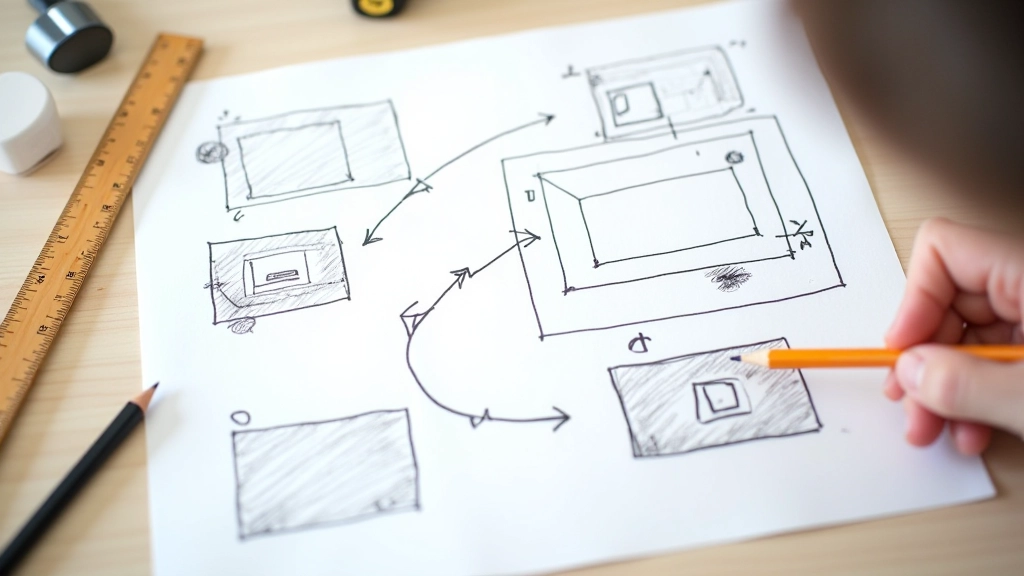 Disegni di storyboard in sequenza su fogli di carta con note scritte a mano e frecce che collegano le scene
