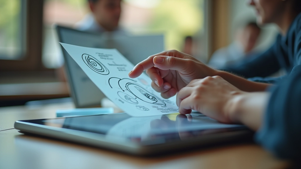 Uno studente che interagisce con un'interfaccia touch su tablet, indicando elementi di un diagramma animato