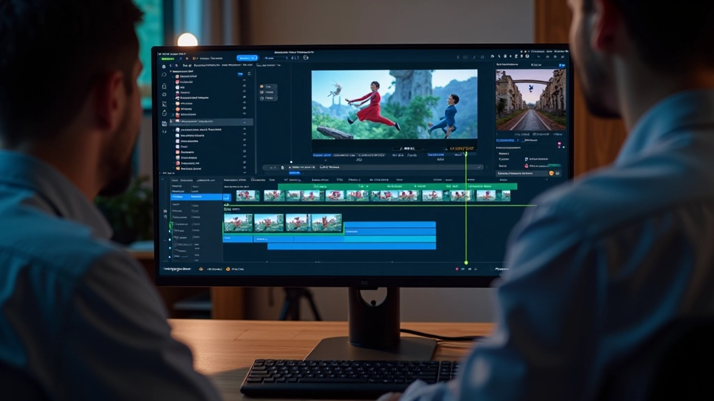 Timeline di editing video con clip animate colorate e layer di effetti visuali durante la post-produzione