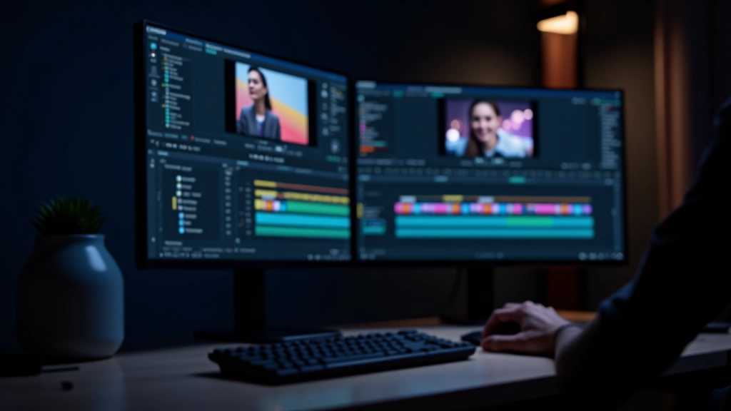 Interfaccia di DaVinci Resolve su monitor con timeline di editing video, clip colorate e pannello di color grading visibile