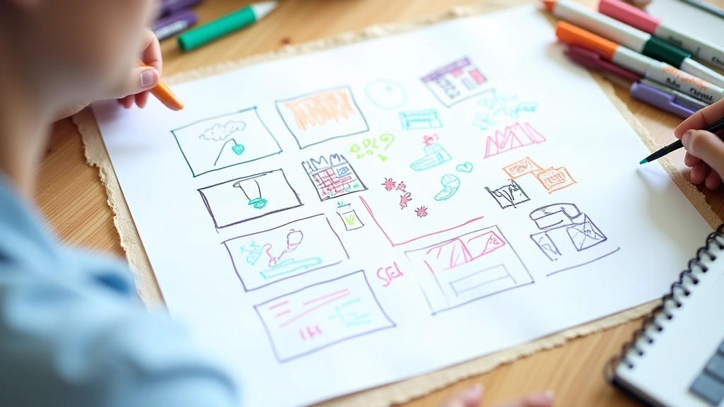 Lavagna bianca con schizzi di storyboard per un tutorial animato con pennarelli colorati